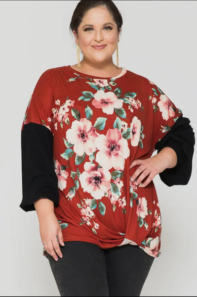 Floral Front Knot Ribbed Sweatshirt