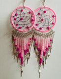 Large Round Dream Catcher Long Beaded Metal Dangle Earrings