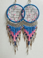 Large Round Dream Catcher Long Beaded Metal Dangle Earrings