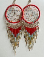 Large Round Dream Catcher Long Beaded Metal Dangle Earrings