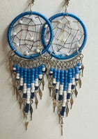 Large Round Dream Catcher Long Beaded Metal Dangle Earrings