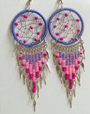 Large Round Dream Catcher Long Beaded Metal Dangle Earrings