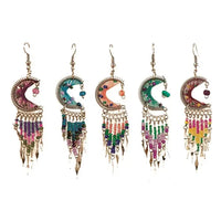 Thread Crescent Moon Long Beaded Metal Dangle Earrings